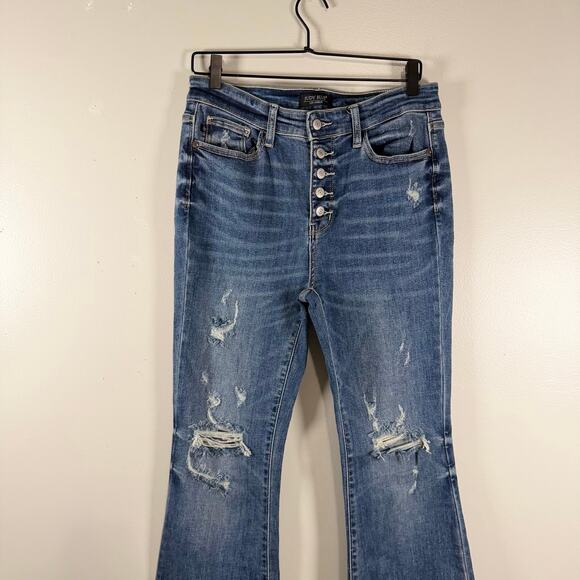 Judy Blue Trouser Flare Jeans Distressed Mid-Rise Button Fly Blue Size 11/30 - Picture 4 of 11